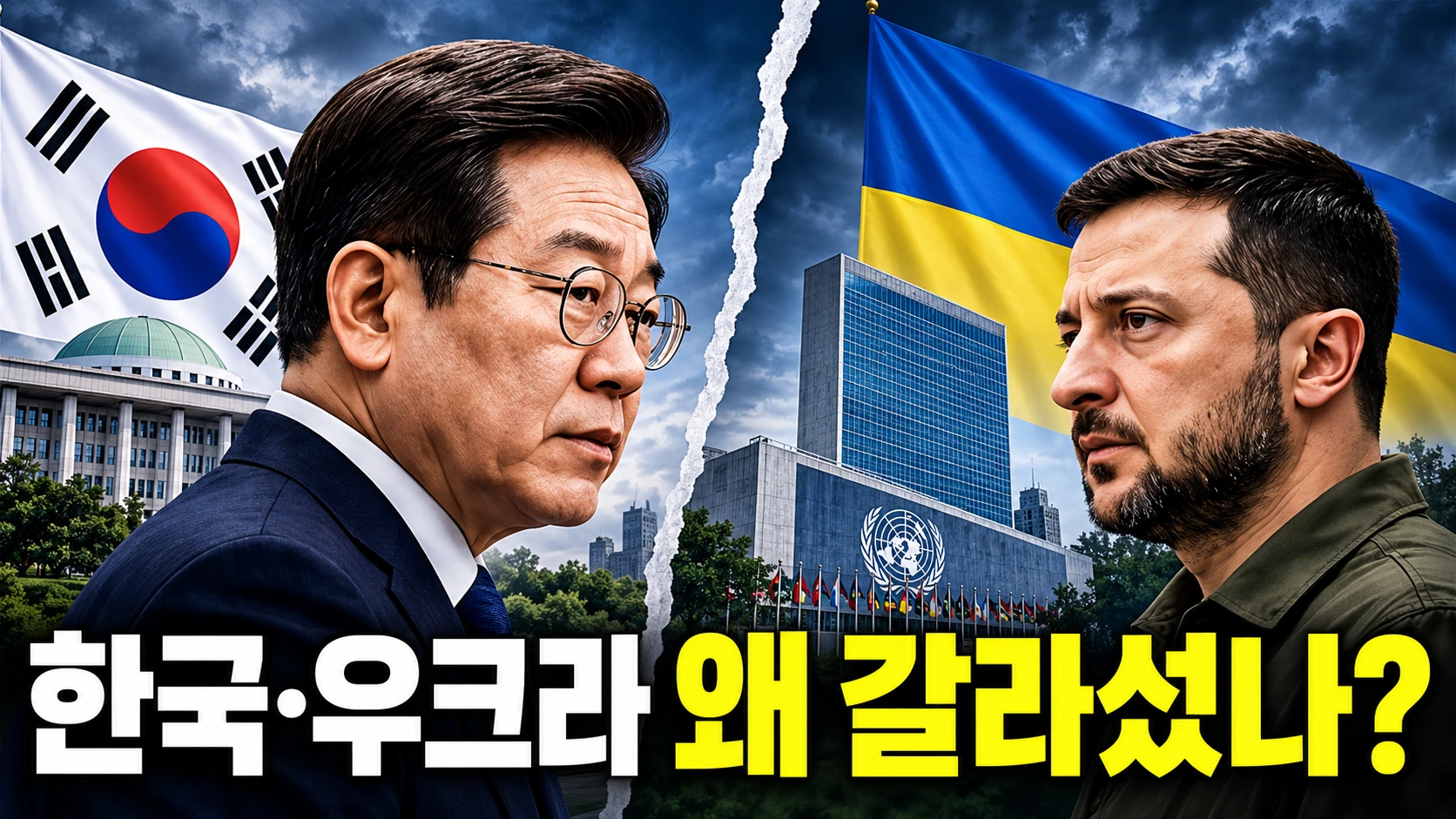 한국과 우크라이나의 외교 갈등을 상징하는 양국 국기와 젤렌스키 대통령, 한국 외교부 청사 및 대사관 철수 상황을 표현한 일러스트