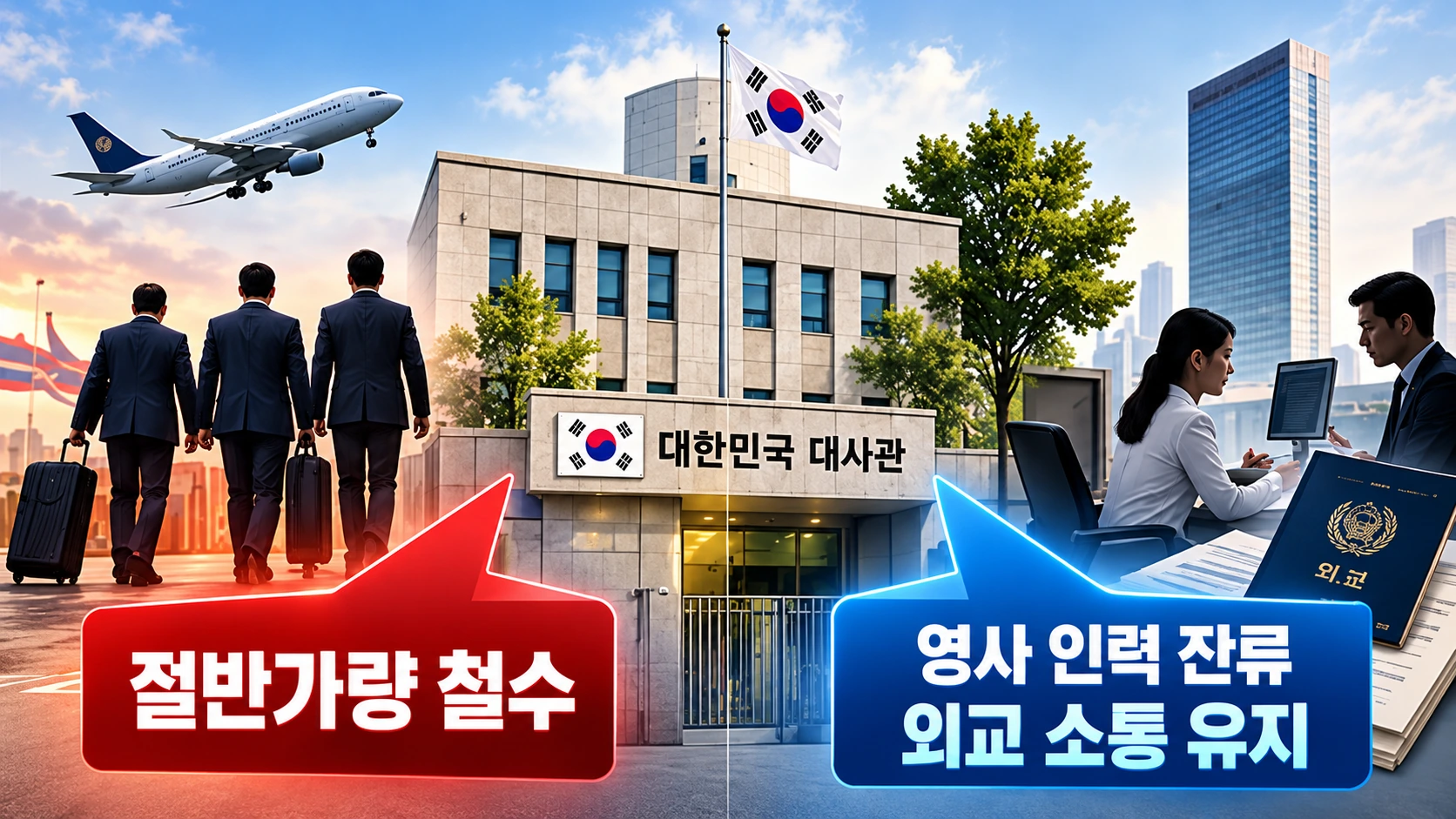 한국의 주우크라이나 대사관에서 일부 인력이 철수하고 대사대리와 영사 업무 인력은 잔류하는 구조를 설명한 인포그래픽