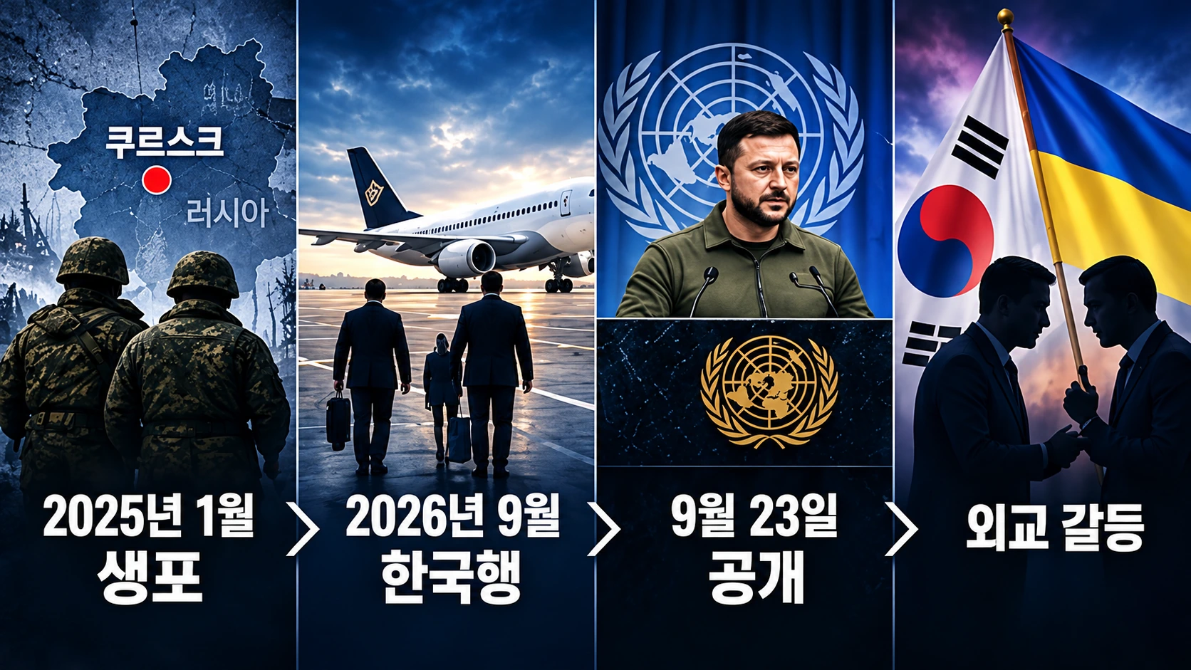 북한군 포로 2명의 러시아 쿠르스크 생포부터 한국 이송과 젤렌스키 대통령의 공개 발표까지의 사건 흐름을 보여주는 타임라인