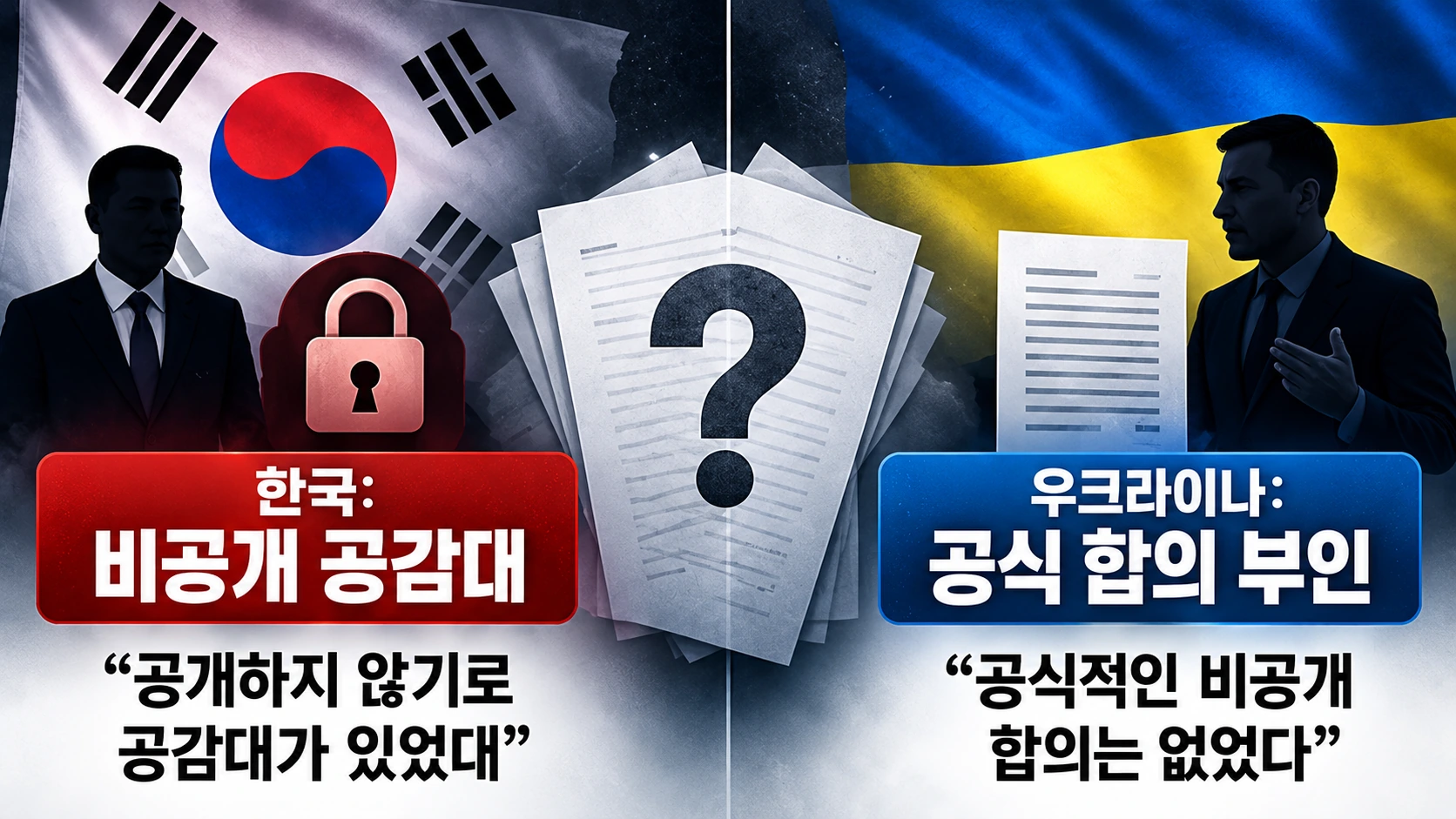 북한군 포로 한국 이송의 비공개 합의 여부를 놓고 한국과 우크라이나가 내놓은 서로 다른 입장을 비교한 인포그래픽