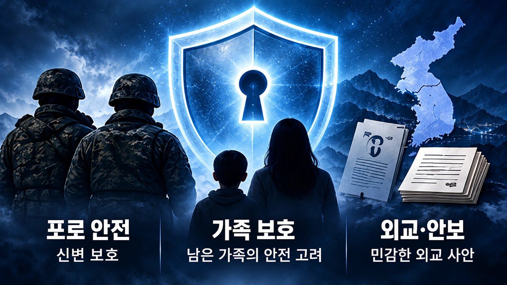 북한군 포로의 한국 송환 사실을 비공개하려 했던 이유를 당사자 안전, 북한 내 가족 보호, 외교안보 측면에서 설명한 인포그래픽