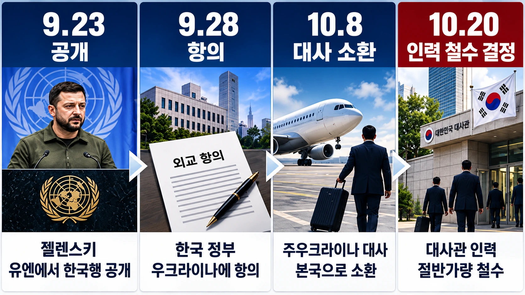 북한군 포로 송환 공개 이후 한국 정부의 항의와 우크라이나 대사대리 초치, 한국대사 소환 및 공관원 철수 결정까지의 외교 조치를 정리한 타임라인