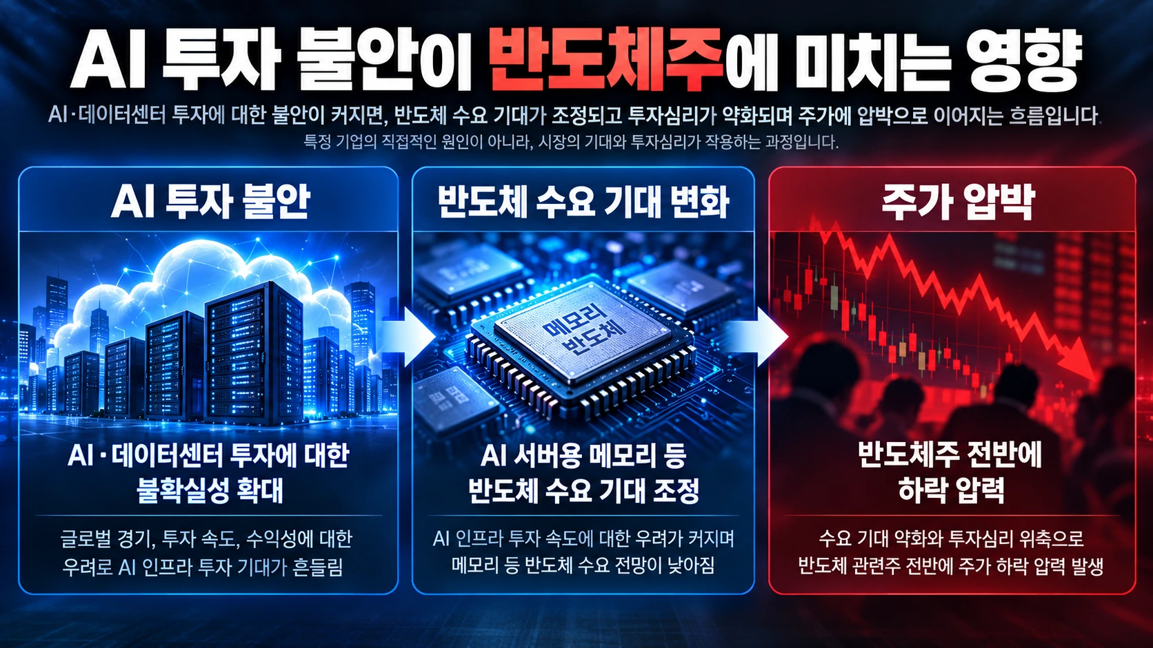 AI 클라우드 투자 수익성 우려가 반도체 수요 전망과 삼성전자·SK하이닉스 주가에 영향을 줄 수 있는 경로를 설명한 도식