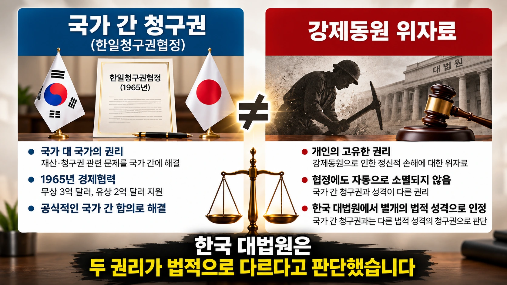 1965년 한일청구권협정의 재산·채권 문제와 강제동원 피해자의 위자료청구권을 구분한 비교 인포그래픽