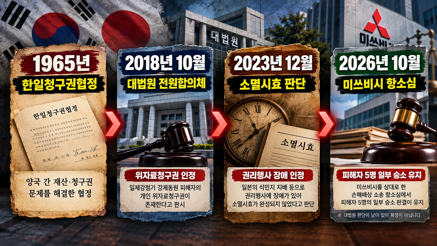1965년 한일청구권협정부터 2018년 대법원 판결, 2023년 소멸시효 판단, 2026년 미쓰비시 항소심 판결까지 정리한 타임라인