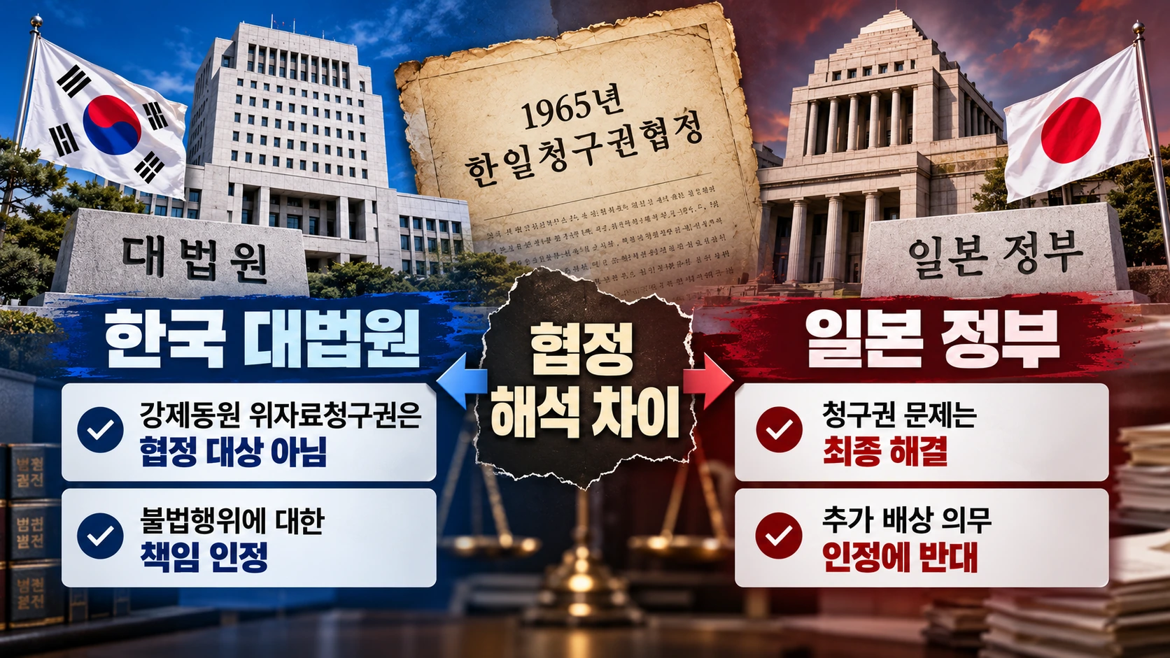1965년 한일청구권협정을 둘러싼 한국 대법원과 일본 정부의 법적 입장 차이를 비교한 인포그래픽