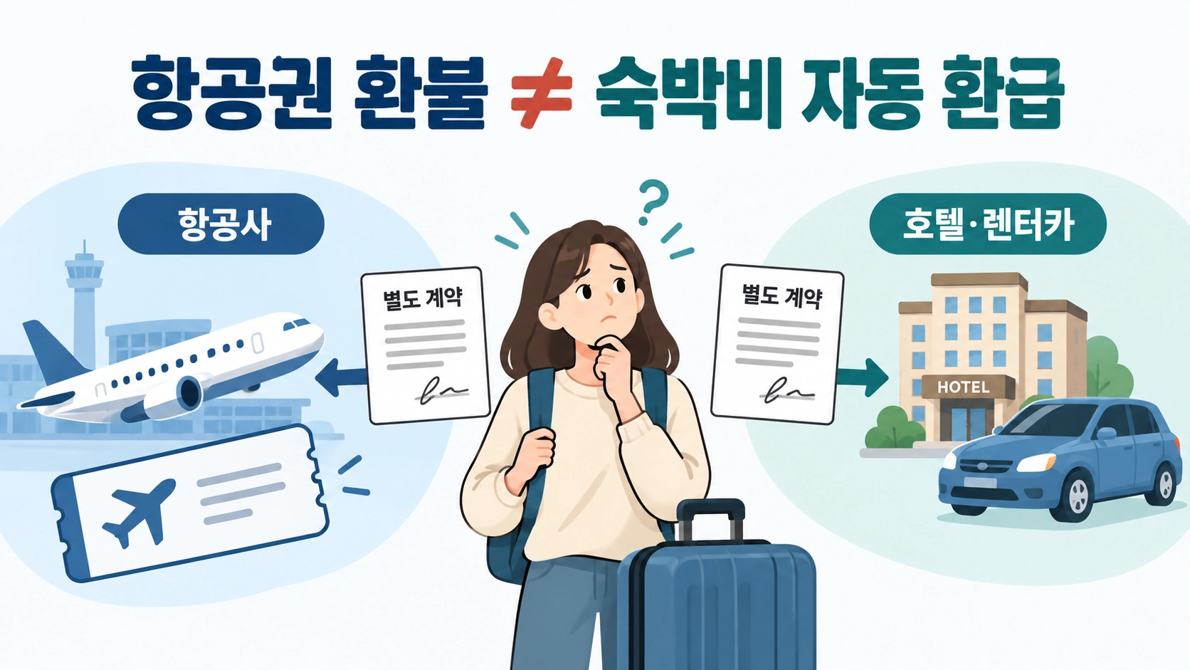 항공권 운임 환불과 호텔·렌터카 취소 비용이 서로 다른 계약으로 처리되는 구조를 설명한 그림
