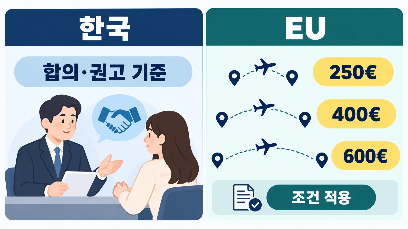 한국의 소비자분쟁해결기준과 유럽연합의 항공편 취소 보상액·적용 조건을 비교한 인포그래픽