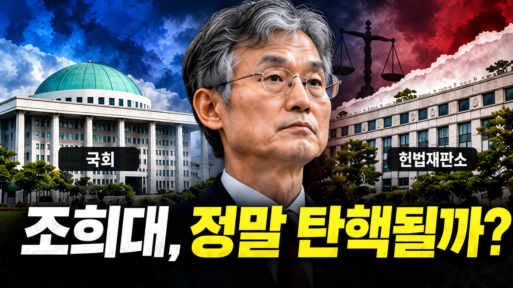 조희대 대법원장을 중심으로 국회 탄핵 논의와 사법부 독립 논란을 표현한 뉴스 해설 일러스트