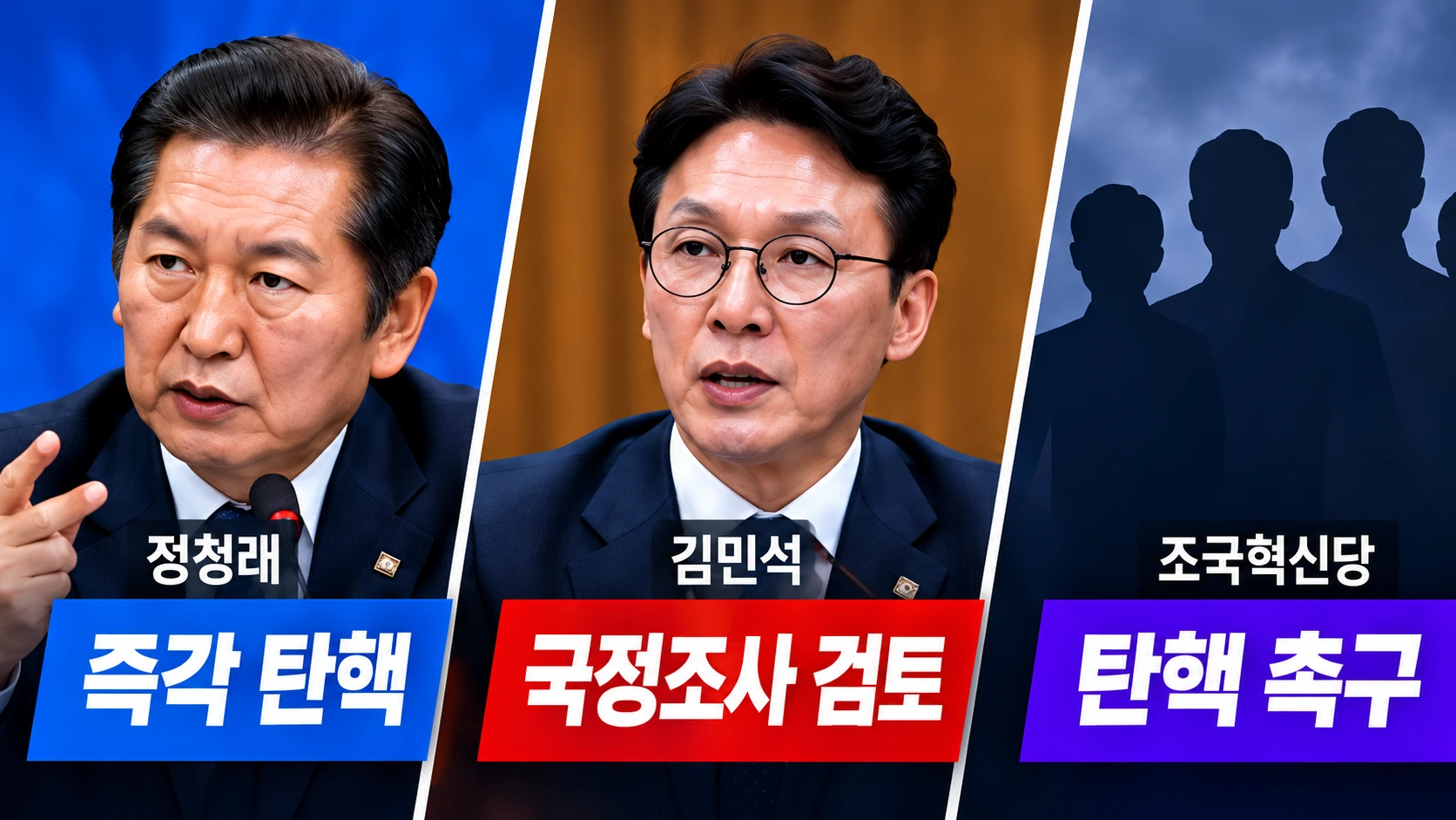 정청래 전 대표의 즉각 탄핵 주장과 김민석 민주당 대표의 신중론, 조국혁신당의 탄핵 촉구를 비교한 인포그래픽