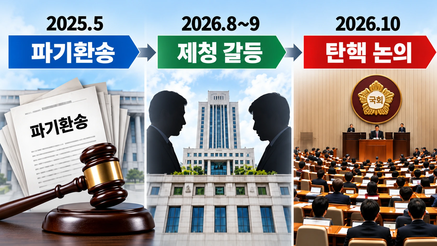 2025년 이재명 공직선거법 파기환송 판결부터 2026년 대법관 재제청 갈등과 탄핵 논의까지 정리한 타임라인