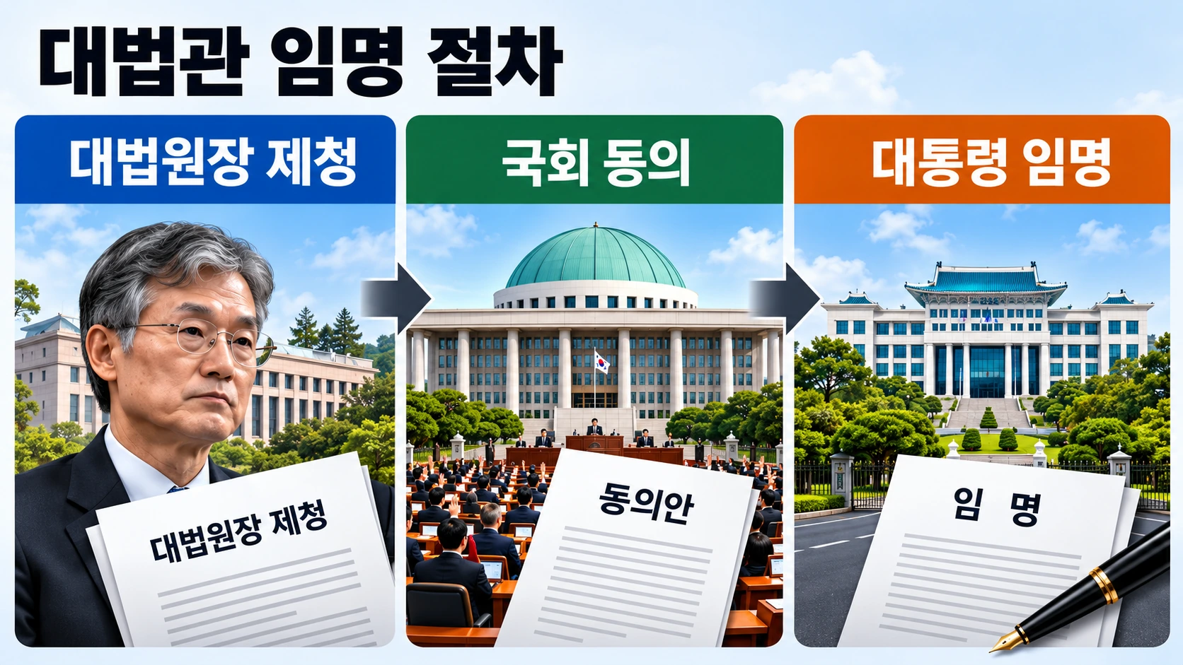 대법관 임명 과정에서 대법원장의 제청, 국회의 동의, 대통령의 임명이 연결되는 구조를 설명한 인포그래픽