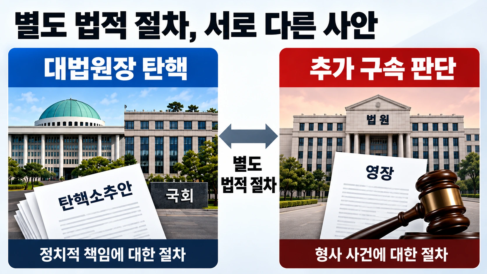 조희대 대법원장 탄핵 논의와 김건희 추가 구속영장 판단이 별도의 법적 절차임을 비교한 인포그래픽
