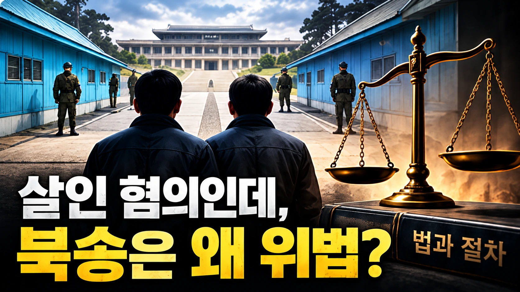 판문점 군사분계선을 배경으로 두 사람의 뒷모습과 법의 저울을 대비해 탈북 어민 강제북송의 법적 쟁점을 나타낸 일러스트