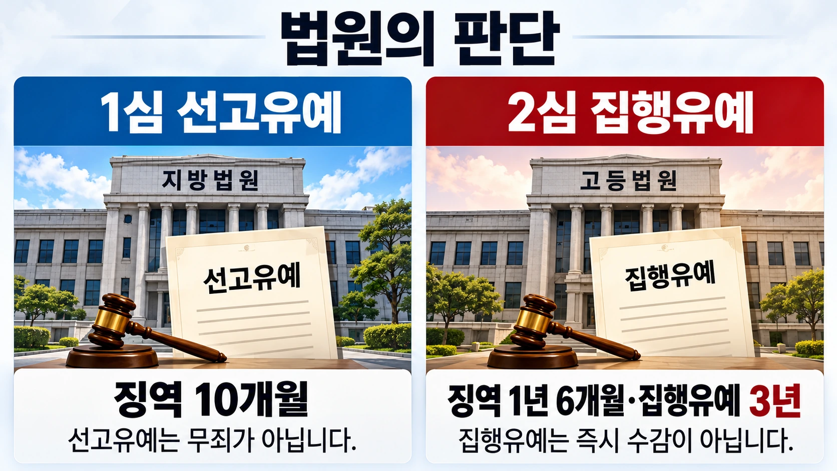 정의용과 서훈의 1심 징역 10개월 선고유예와 2심 징역 1년 6개월 집행유예 3년을 비교하고 두 유예 제도를 설명한 인포그래픽
