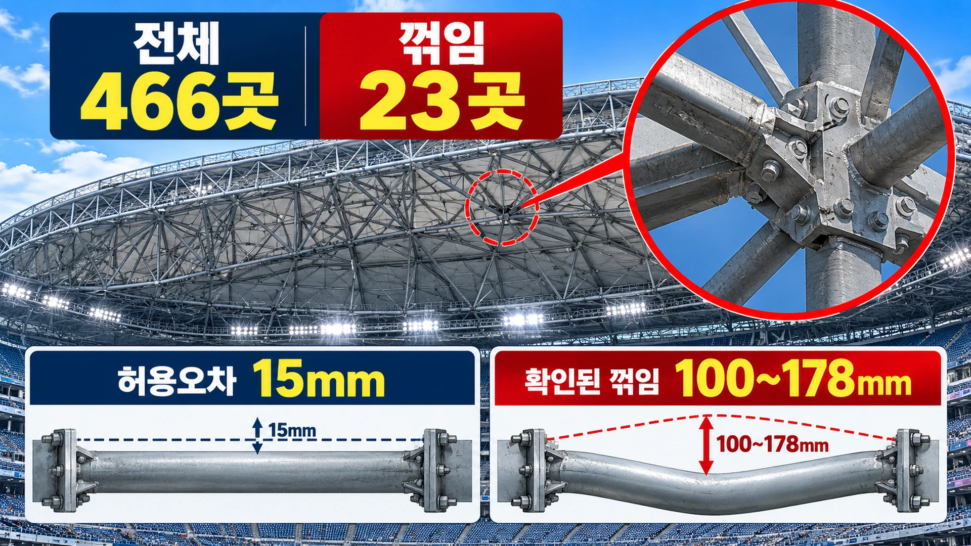 고척돔 지붕 철골 연결부 466곳 중 23곳에서 허용오차를 초과한 꺾임이 확인된 사실을 설명하는 인포그래픽