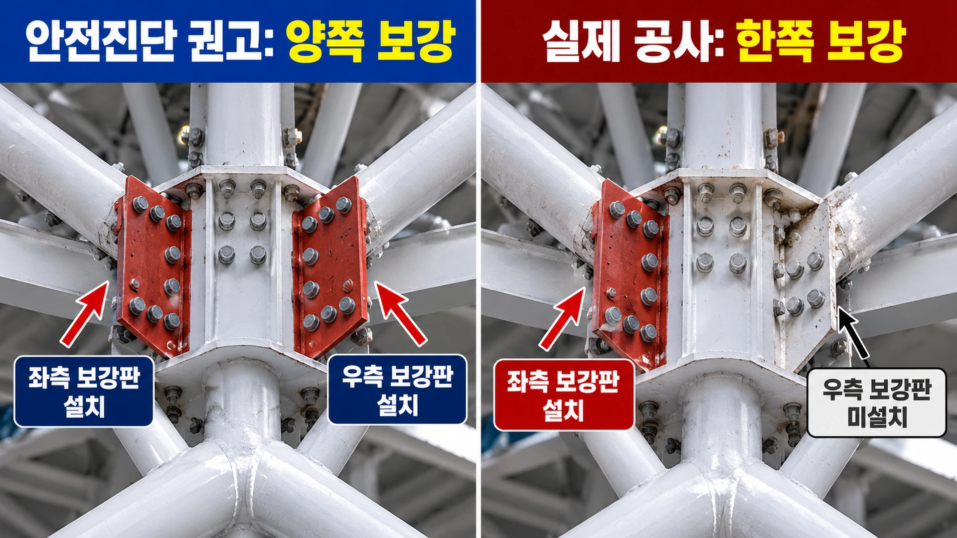 정밀안전진단에서 제시된 철골 연결부 양쪽 보강 방안과 실제 시행된 한쪽 보강 방식을 비교한 개념도