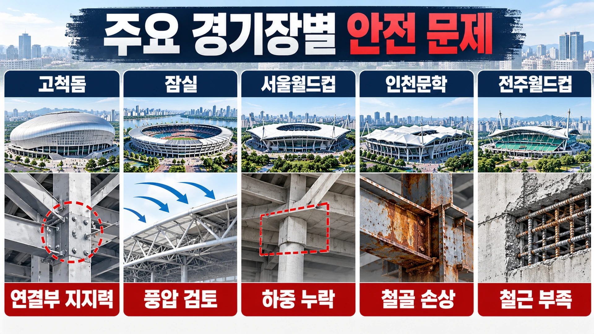 고척스카이돔과 잠실종합운동장 등 다섯 대형 경기장에서 지적된 서로 다른 구조 안전 문제를 비교한 인포그래픽
