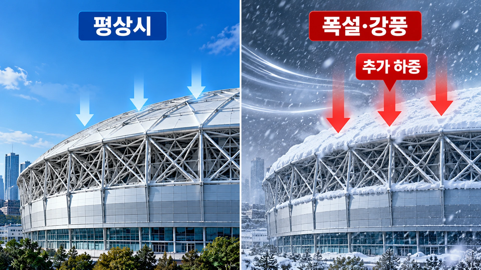 대형 경기장 지붕에 평상시 하중과 폭설 및 강풍에 의한 추가 하중이 작용하는 원리를 비교한 개념도