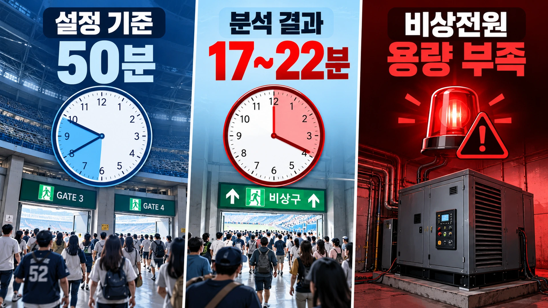 고척돔에서 임의로 설정한 50분 대피 기준과 분석상 17~22분 대피시간을 비교하고 소방설비 문제를 설명한 인포그래픽