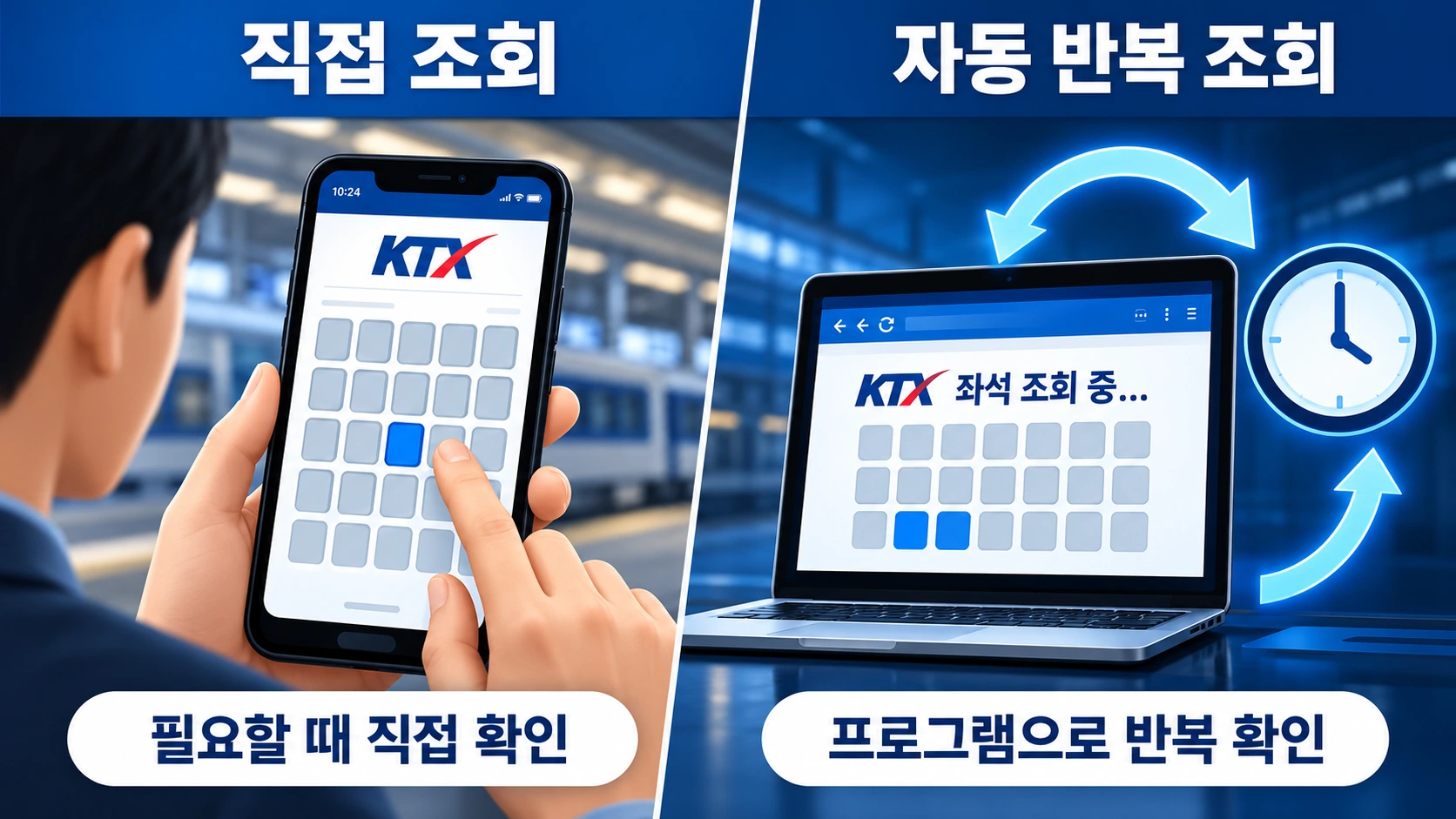 사람이 KTX 좌석을 직접 조회하는 방식과 프로그램이 자동으로 반복 조회하는 방식을 비교한 인포그래픽