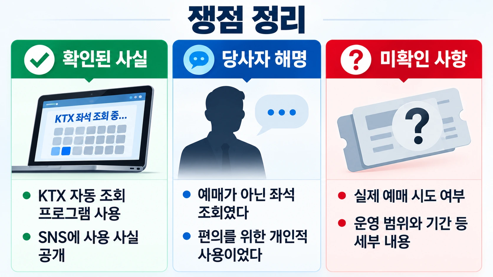 KTX 매크로 논란에서 확인된 사실과 당사자의 해명, 추가 확인이 필요한 부분을 구분한 인포그래픽