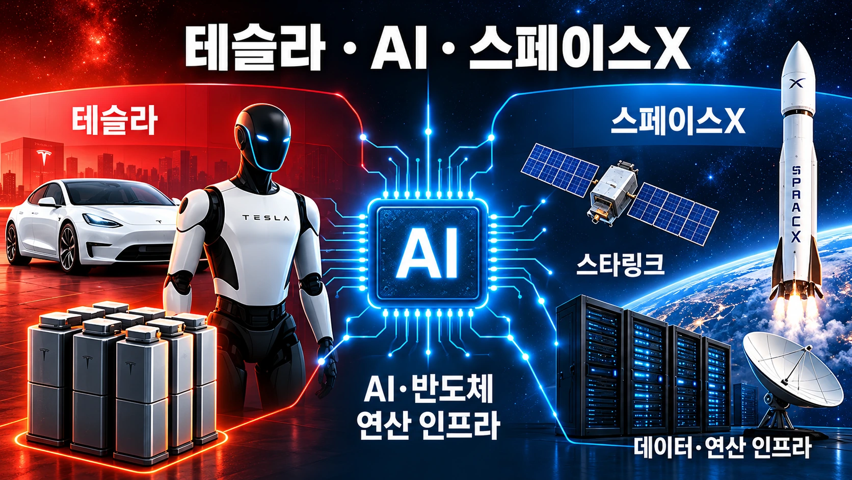 테슬라의 전기차와 로봇, 에너지저장장치가 스페이스X의 위성통신과 로켓, AI 연산 인프라에 연결되는 구조도