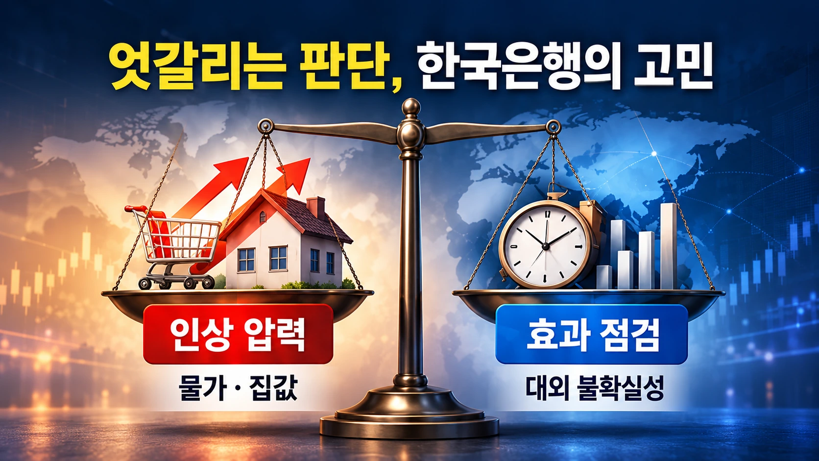 물가 상승·집값 위험과 대외 불확실성·기존 금리 인상 효과를 저울 양쪽에 놓아 비교한 그림