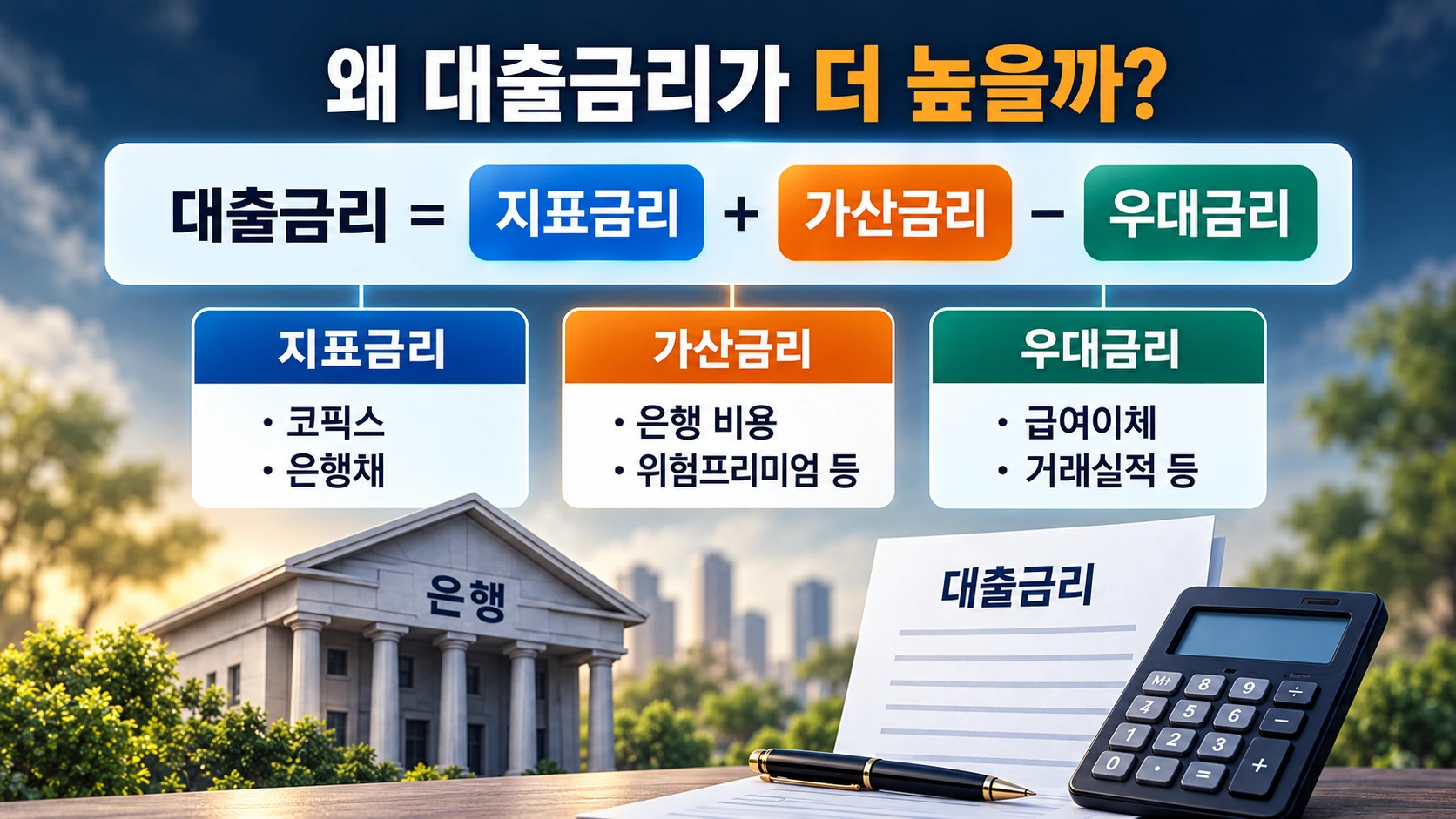 은행 대출금리가 대출 기준금리와 가산금리에서 우대금리를 차감해 결정되는 구조를 설명한 도식