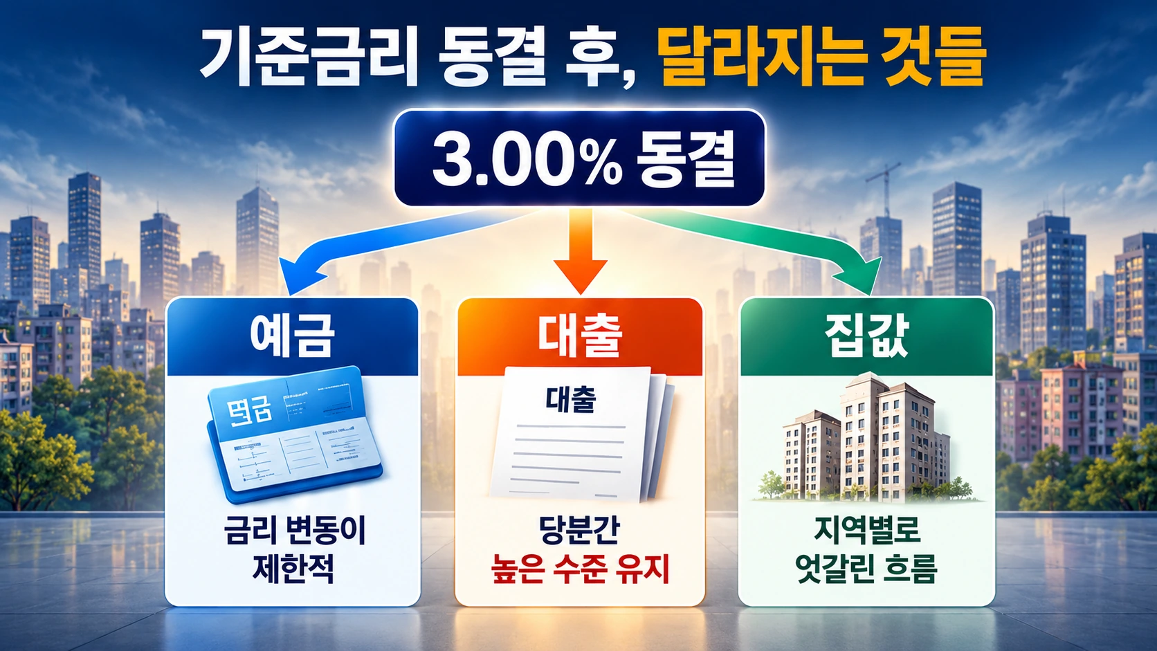 기준금리 동결이 예금·대출·주택시장에 각각 다른 경로로 영향을 미치는 모습을 나타낸 흐름도