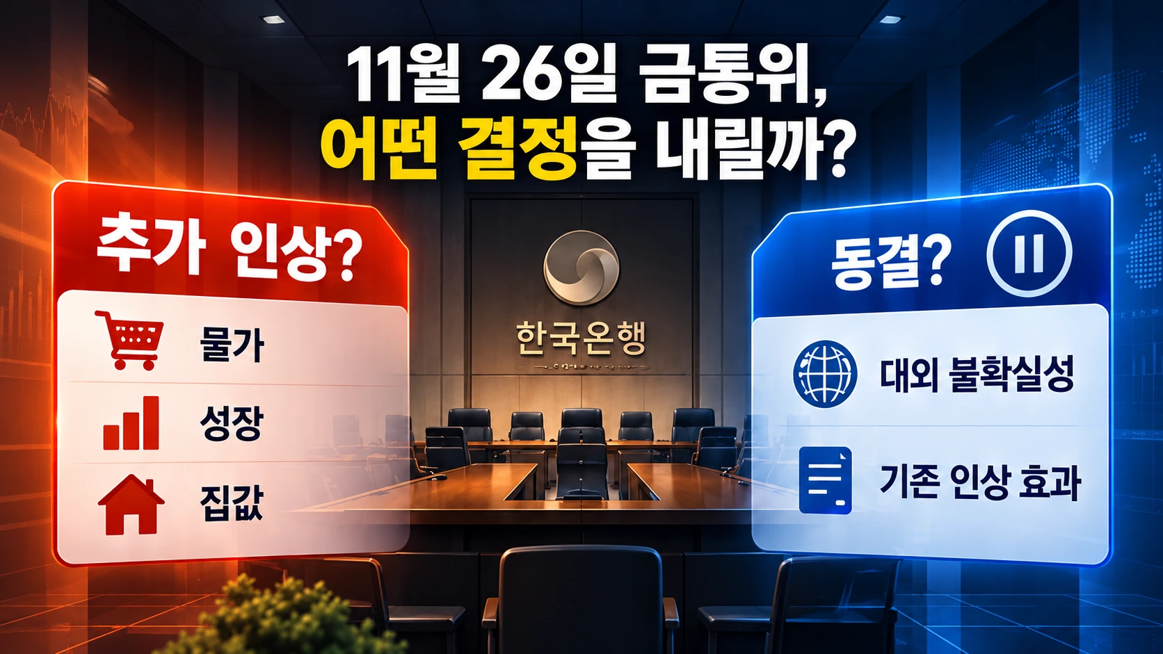11월 한국은행 금리 결정에서 물가·성장·집값·대외 불확실성이 서로 다른 판단으로 이어질 수 있음을 보여주는 조건별 흐름도