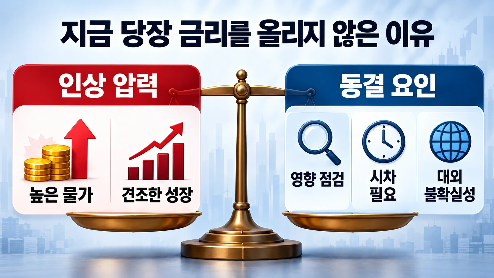 물가 상승과 경기 호조에 따른 금리 인상 압력, 기존 인상 효과 점검과 대외 불확실성에 따른 동결 요인을 저울 형태로 비교한 인포그래픽