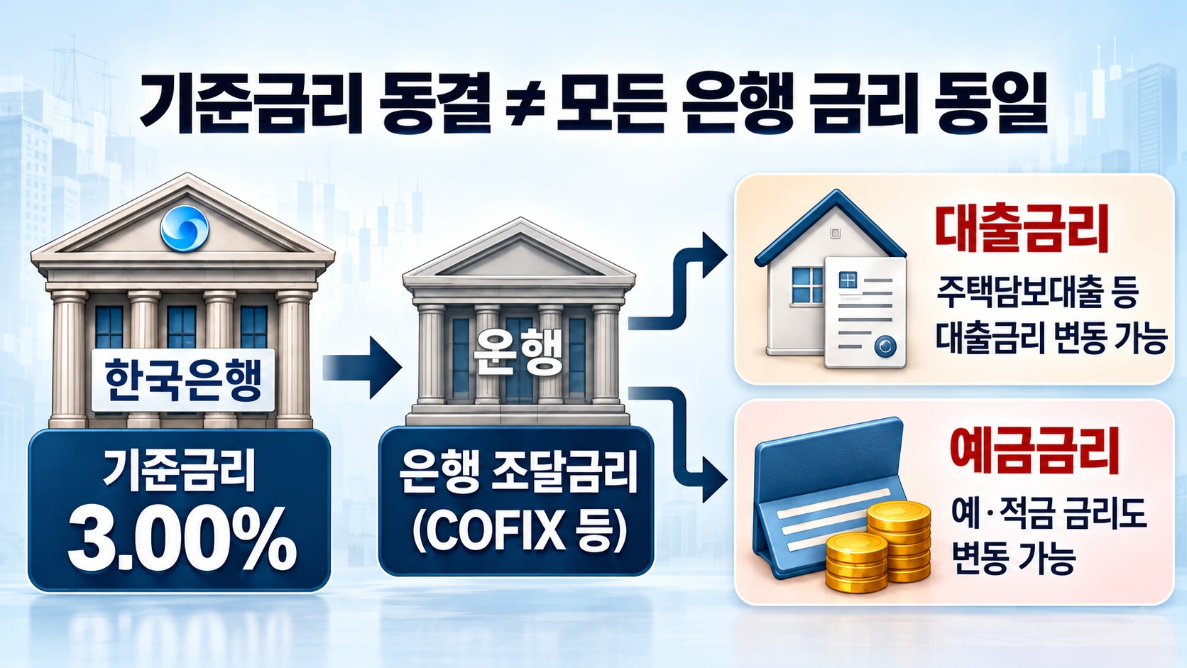 한국은행 기준금리가 은행 조달금리와 코픽스를 거쳐 변동형 대출금리에 영향을 주고 고정형 대출과 예금에는 다른 경로로 반영되는 모습을 설명한 흐름도