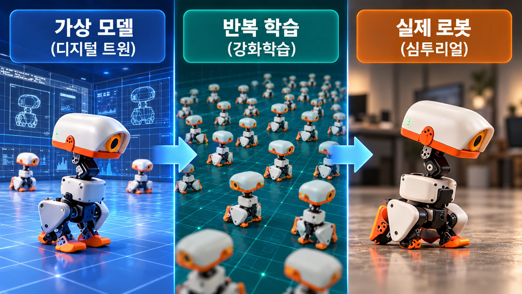 가상 로봇 모델 생성부터 AI 반복 학습과 실제 마이크로덕 로봇에 동작 적용까지의 과정을 보여주는 흐름도