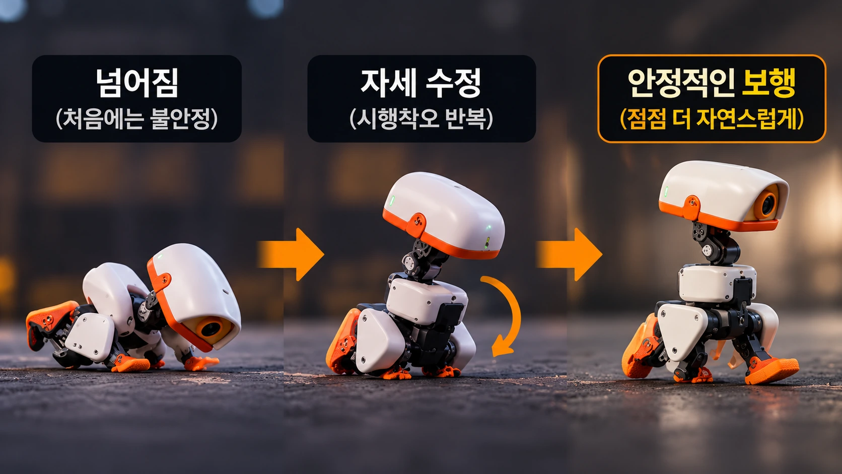 가상환경 속 오리 로봇이 넘어지고 다시 일어서는 시행착오를 반복하면서 안정적인 보행을 학습하는 강화학습 개념도
