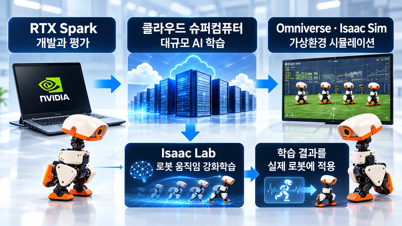 RTX Spark 개인용 컴퓨터와 엔비디아 클라우드 슈퍼컴퓨터, Isaac Sim, Isaac Lab, Omniverse가 AI 로봇 개발 과정에서 담당하는 역할을 설명한 구성도
