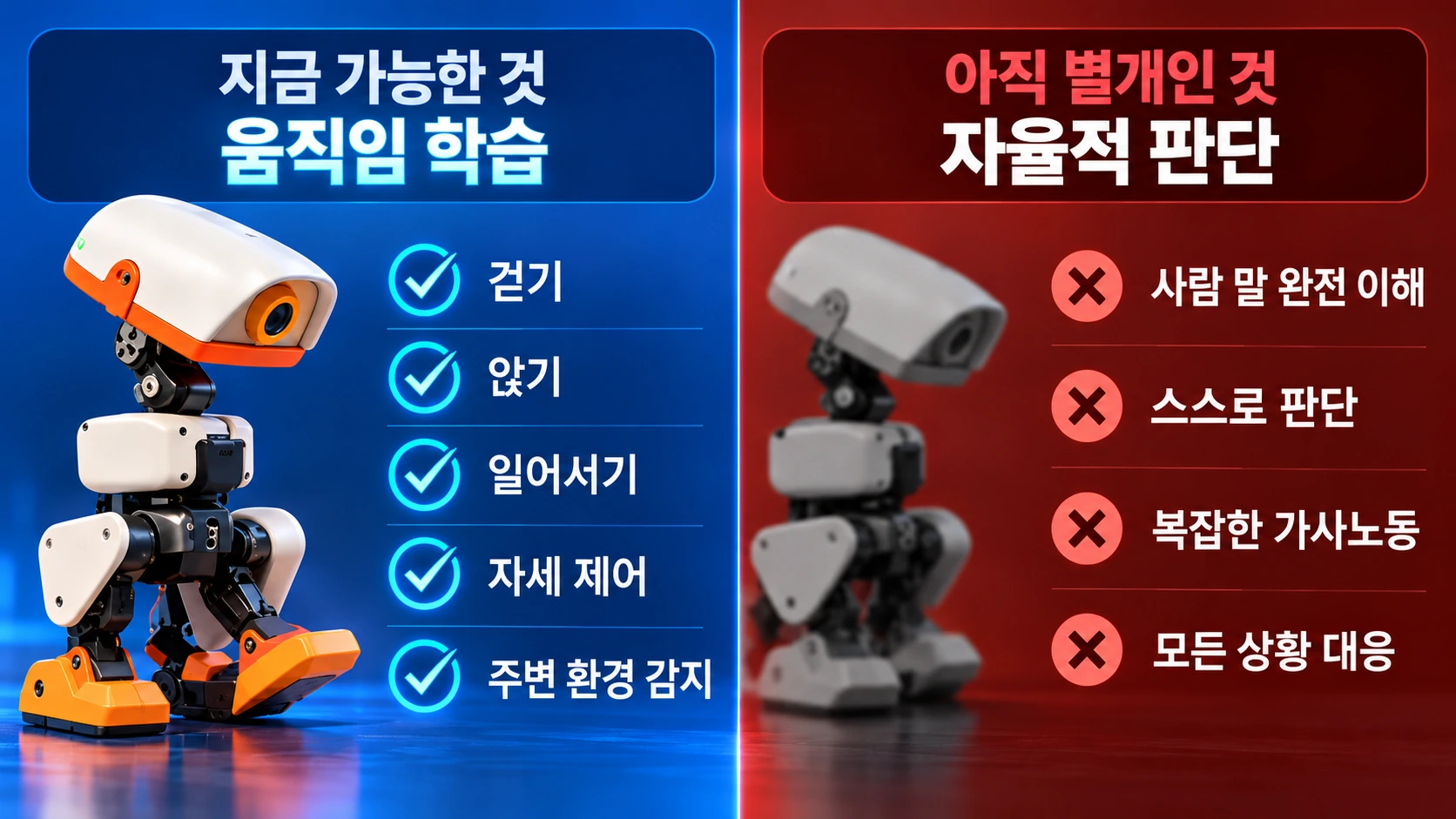 마이크로덕 AI 로봇이 현재 수행할 수 있는 걷기와 자세 제어 기능, 인간 수준의 자율적 판단과 같은 별개의 기능을 구분한 비교 인포그래픽