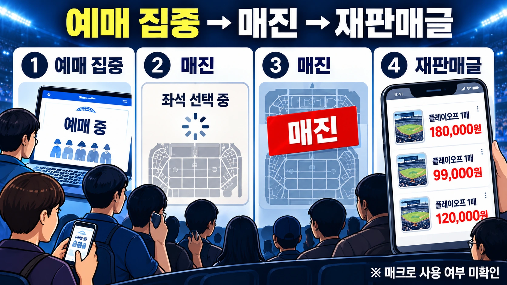 프로야구 플레이오프 티켓 예매 집중과 매진 이후 온라인 재판매글이 등장하는 과정을 나타낸 흐름도