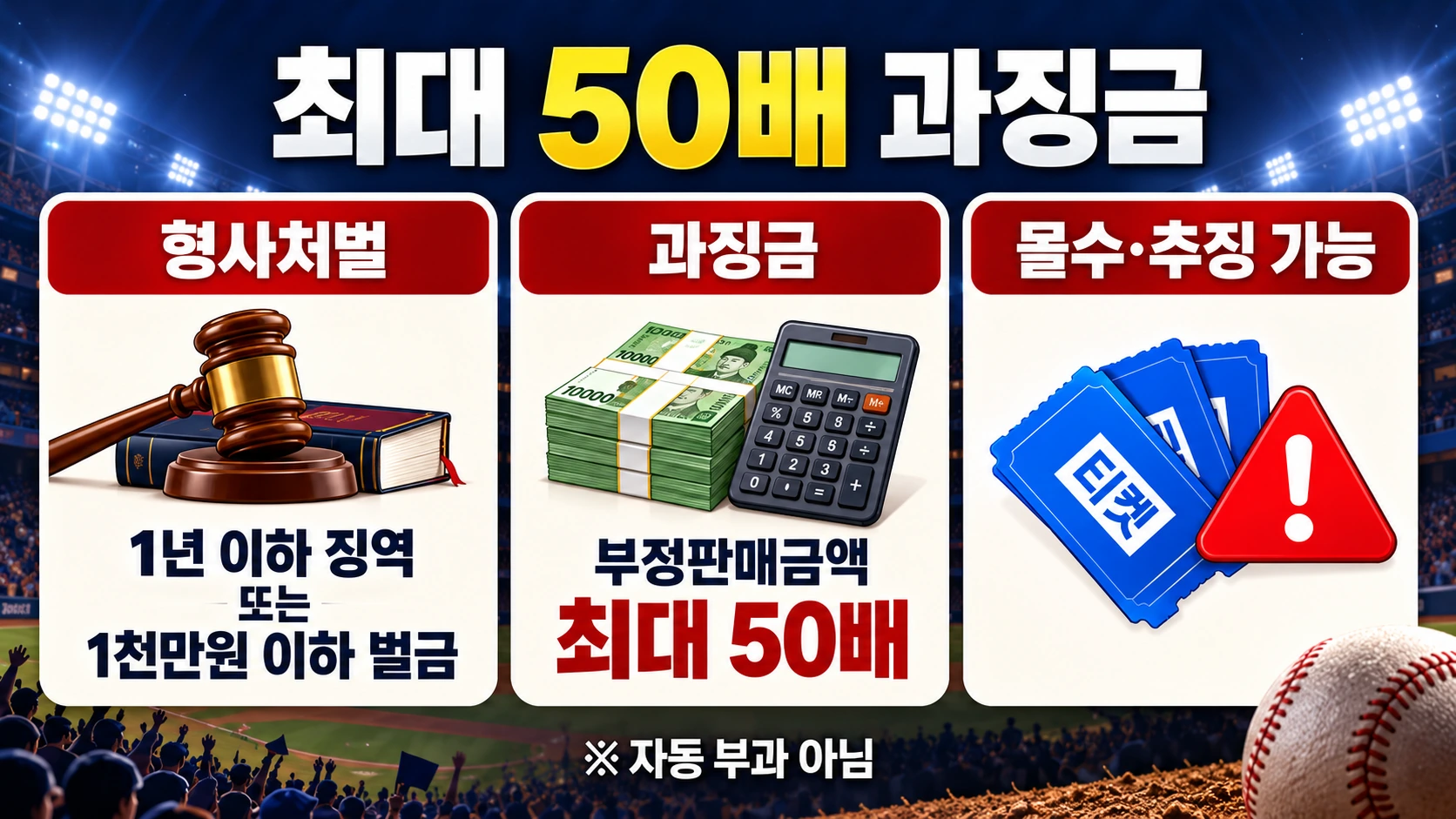 2026년 프로야구 암표 부정판매에 적용할 수 있는 형사처벌과 판매금액 최대 50배 과징금을 구분한 인포그래픽