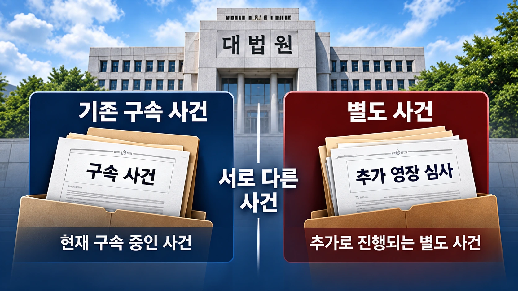 김건희의 기존 3대 의혹 사건과 별도 매관매직 사건이 각각 다른 대법원 재판부에서 심리되는 구조를 비교한 인포그래픽