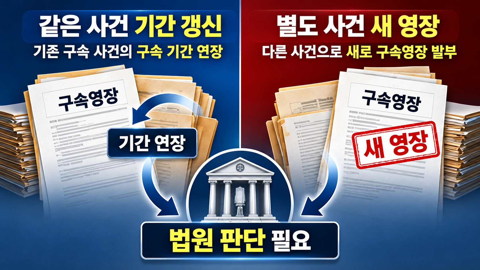 같은 사건의 구속기간 갱신과 별도 사건에 대한 새로운 구속영장 발부의 차이를 보여주는 비교 인포그래픽