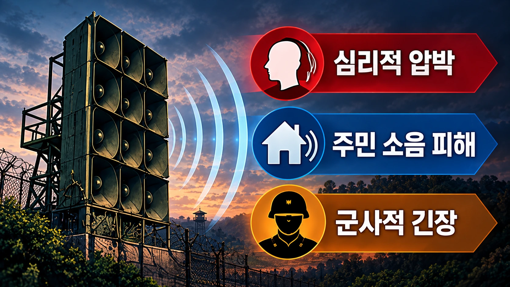 북한의 대남 확성기 방송이 심리적 압박과 접경지역 소음 피해 및 남북 긴장에 영향을 주는 구조를 설명한 인포그래픽