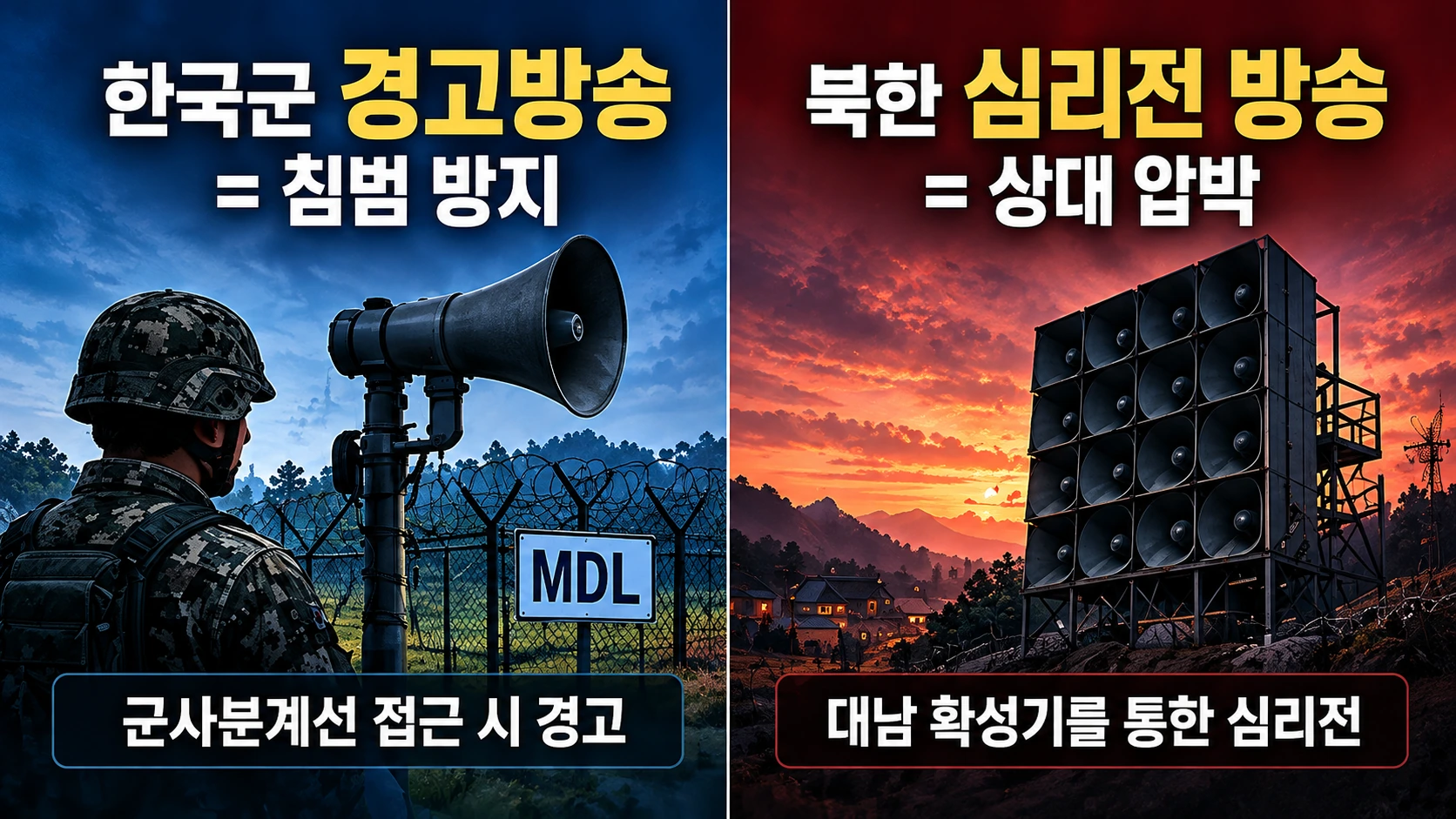 군사분계선 침범을 막기 위한 한국군 경고방송과 북한의 대남 심리전 확성기 방송을 비교한 인포그래픽