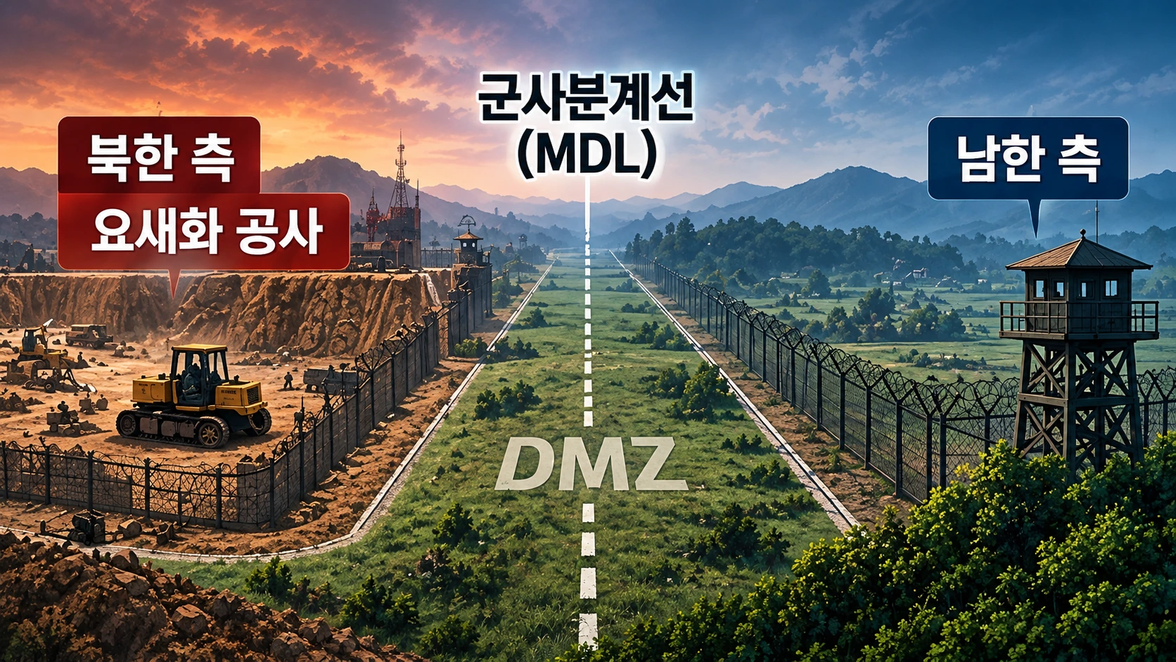 군사분계선과 남북 비무장지대 및 북한의 국경선 요새화 작업을 개념적으로 설명한 구조도