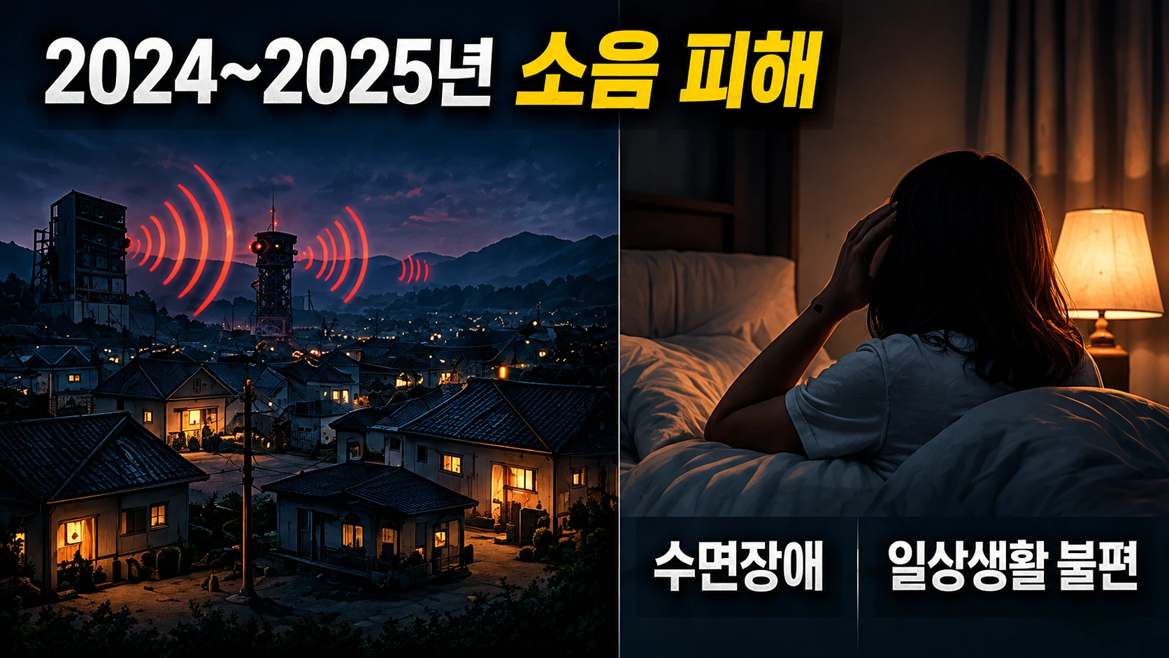 북한의 과거 대남 소음방송이 접경지역 주민들의 수면과 생활환경에 미친 영향을 설명한 일러스트