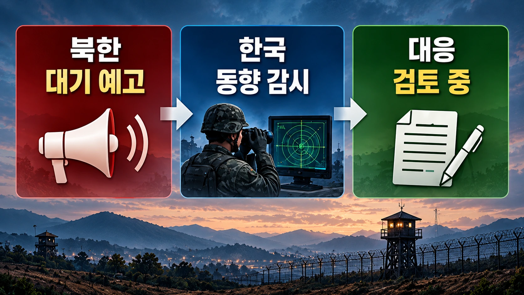 북한의 대남 확성기 재개 예고와 한국 정부의 군사적·외교적 대응 검토 상황을 비교한 인포그래픽
