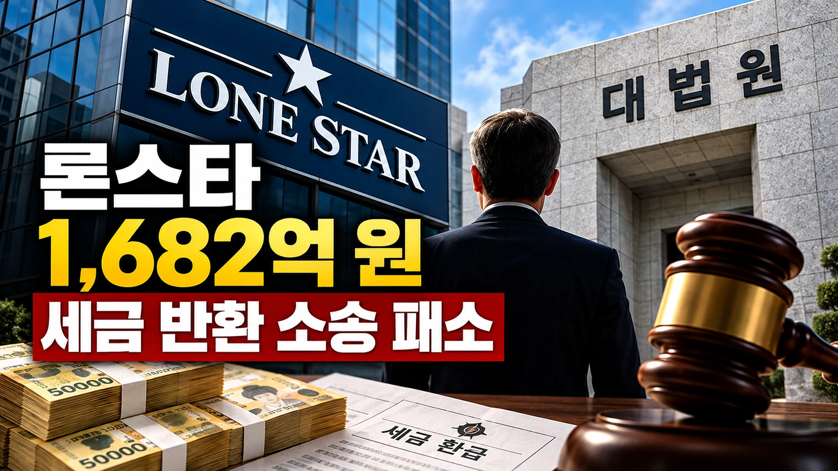 론스타의 세금 환급 요구 1682억 원과 법원의 판단을 저울로 상징한 뉴스 해설 일러스트
