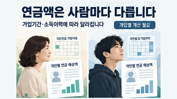 국민연금 수령액이 가입기간과 소득이력 등에 따라 달라진다는 점을 보여주는 일러스트