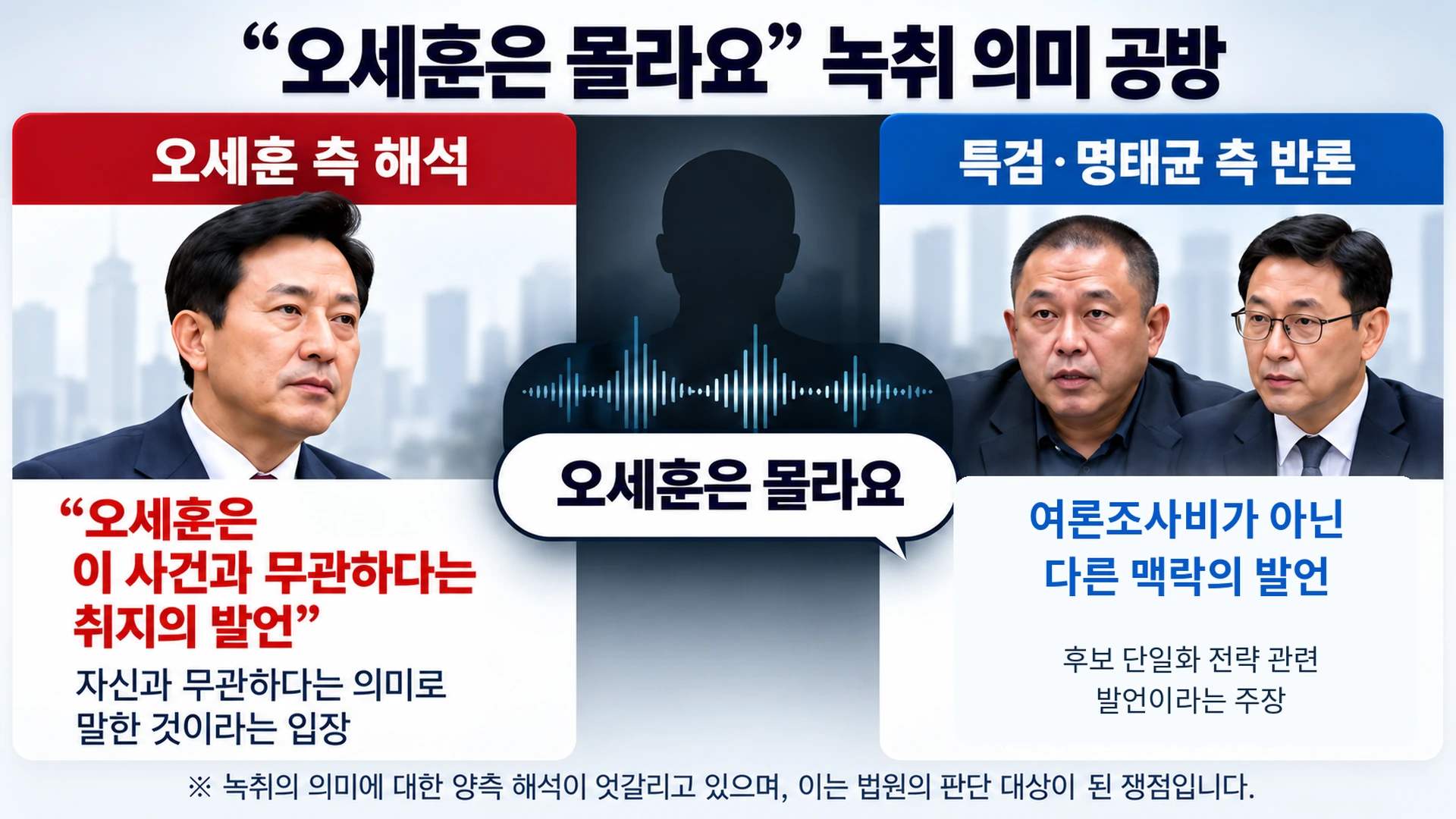 명태균과 김한정 사이의 통화녹음 문구를 놓고 오세훈 측과 특검·명태균 측의 해석이 엇갈린 모습을 보여주는 비교 인포그래픽