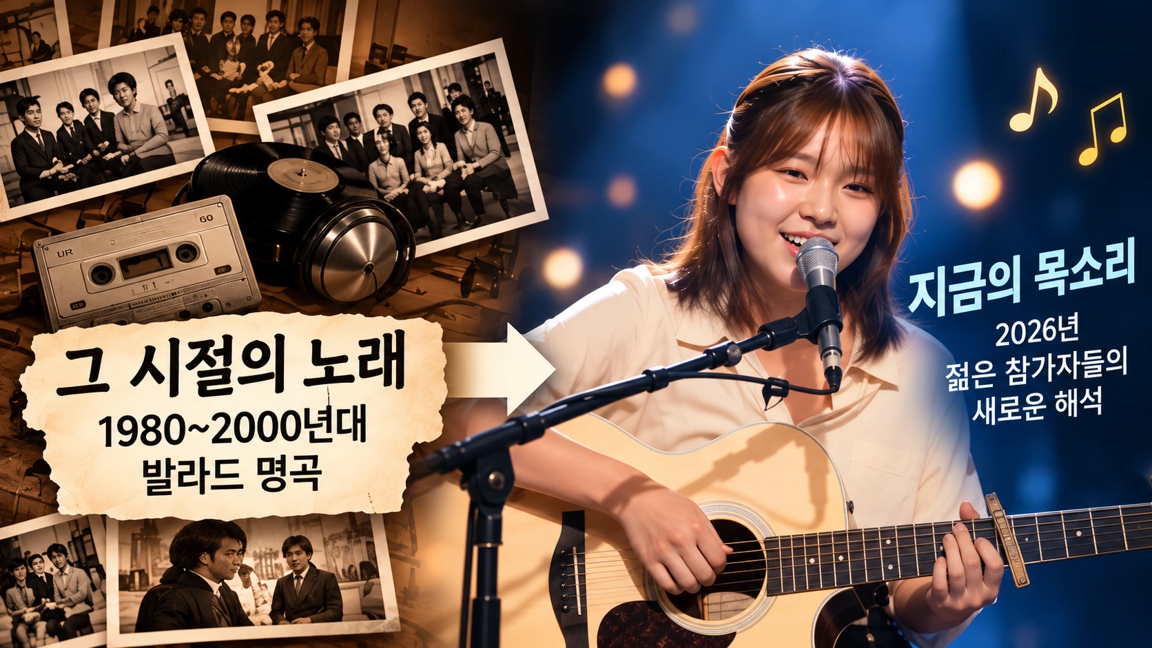 1980~2000년대 발라드 명곡과 2026년의 젊은 참가자들이 하나의 무대로 만나는 세대 연결 개념도